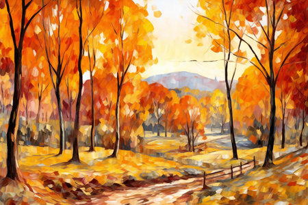 Autumn landscape with yellow trees in the park. Digital painting.の素材