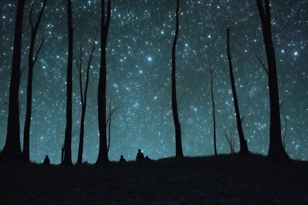 Silhouette of a man in the forest at night with starsの素材