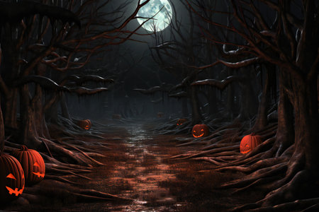 Halloween background with pumpkins in dark forest.の素材