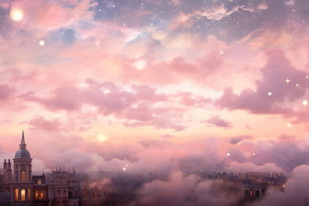 Foggy cityscape of London at sunrise, United Kingdom.の素材