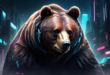 a grizzly bear in a futuristic city.の素材