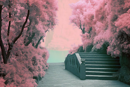 Wooden stairs in the forest in the mist,の素材