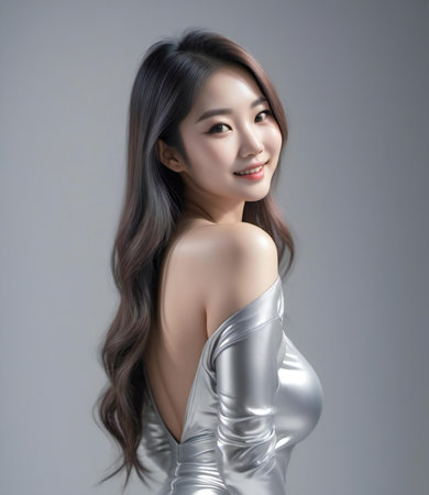 Portrait of a beautiful asian woman in silver latex dress.の素材