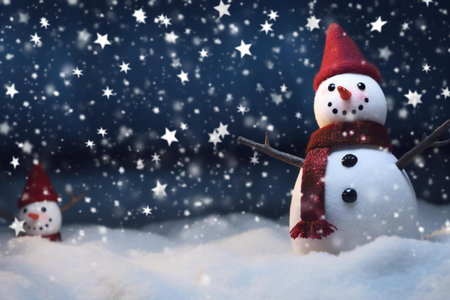 Snowman with red hat and scarf on snow with falling snowflakesの素材