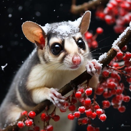 sugar glider on a branch with red berries under snowfallの素材
