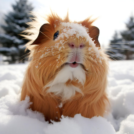 Cute guinea pig in winter snow. Cute pet.の素材
