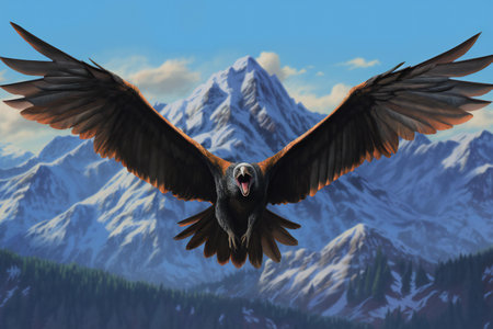 a vulture flying in front of snowy mountainsの素材