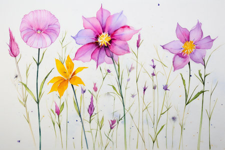 watercolor painting of flowers on white paper background,hand drawn illustrationの素材