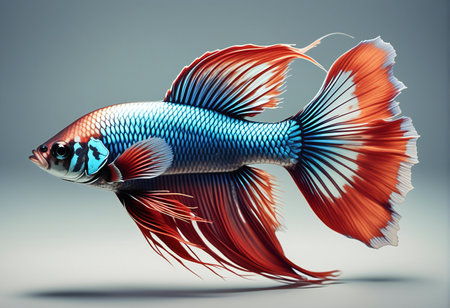 Capture the moving moment of red siamese fighting fish isolated on grey background. Betta fish.の素材