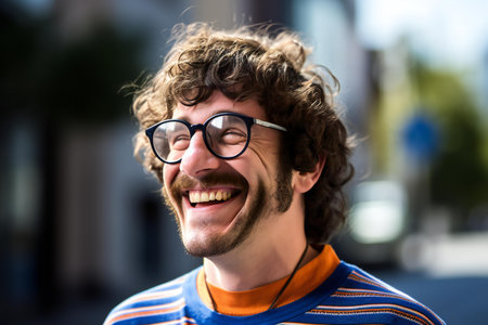Portrait of a handsome hipster man with curly hair and glassesの素材