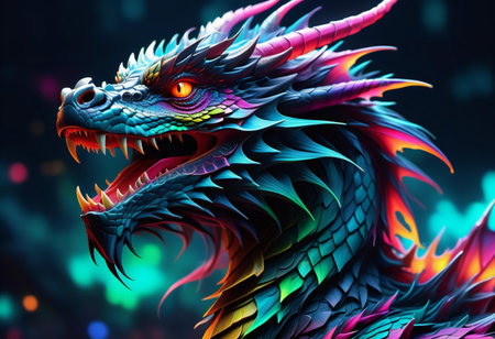 Dragon head in colorful neon light.の素材