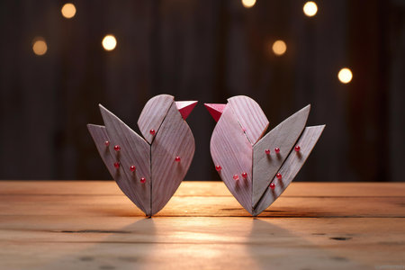 Two origami birds on a wooden table. Valentine's Day.の素材