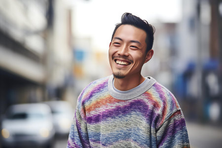 Portrait of a handsome young asian man smiling in the streetの素材