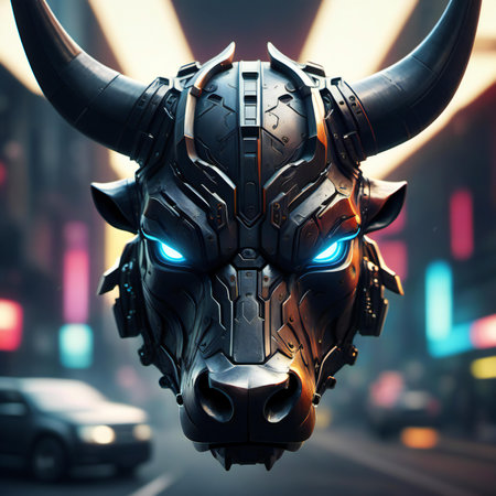 Cyborg head with horns and glowing neon lights.の素材