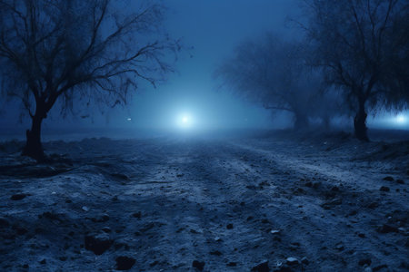 Foggy road in the forest at night. Toned.の素材