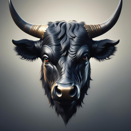 Head of a bull with horns on a gray background.の素材
