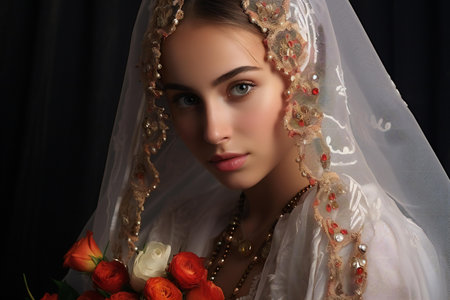 Portrait of beautiful bride with red roses in her wedding day.の素材