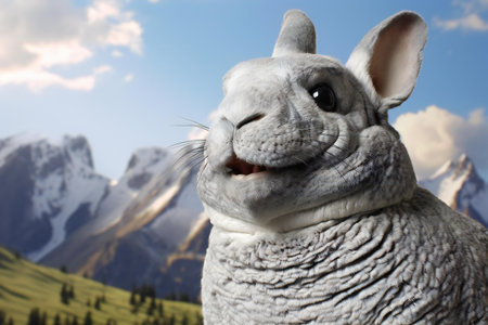 Funny gray chinchilla on the background of mountains and blue skyの素材