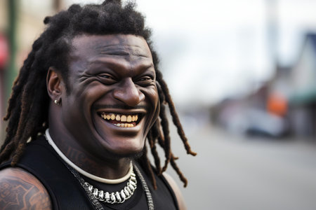 Portrait of an african american man with dreadlocks in the cityの素材