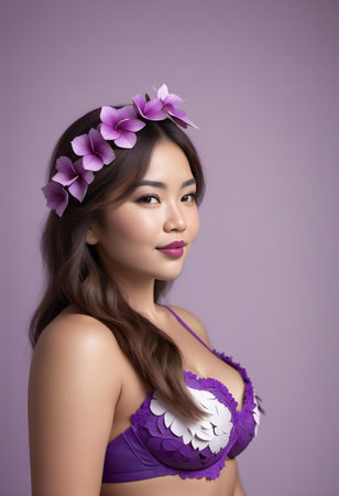 Beautiful asian woman wearing purple lingerie with flowers on her hairの素材