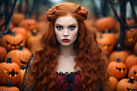 Beautiful redhead girl in a witch costume on the background of pumpkinsの素材