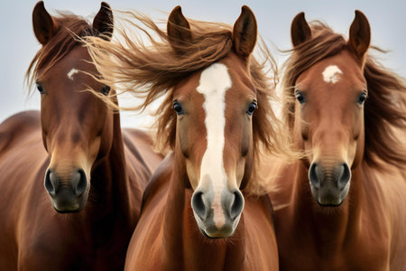 Portrait of a group of chestnut horses in the field.の素材