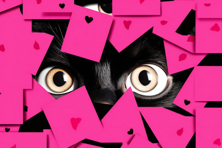 Funny black cat with pink sticky notes on white background.の素材