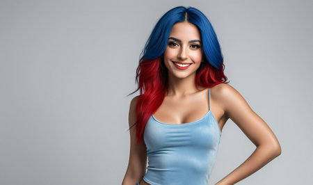 Portrait of a beautiful young woman with blue hair on gray backgroundの素材