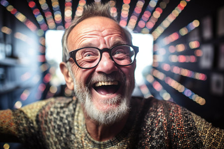 Portrait of a happy senior man with glasses in a nightclub.の素材