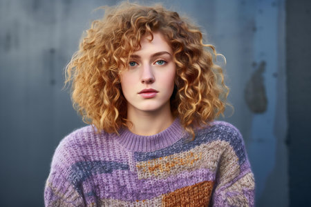 Portrait of a beautiful young woman with curly hair. Studio shot.の素材
