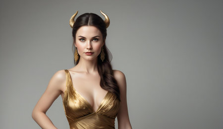 Beautiful girl in a golden dress with horns. Beauty, fashion.の素材