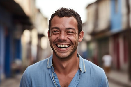 Portrait of a happy young man laughing at camera in the streetの素材
