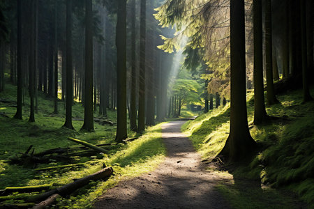 Morning light in the forest with path and sunbeams through treesの素材