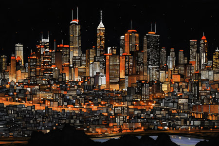Illustration of the night city with many skyscrapers in the foregroundの素材