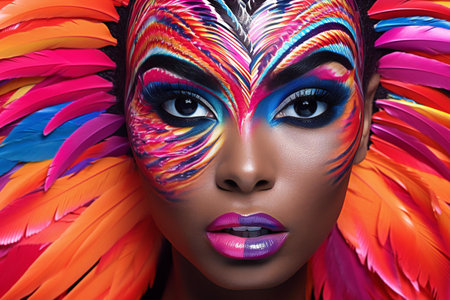 Portrait of a beautiful woman with bright make-up and colorful feathersの素材