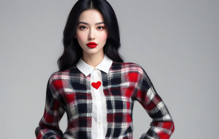 Beautiful asian woman with red lips and checkered shirtの素材