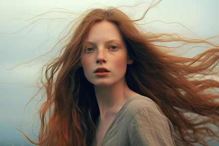 Portrait of beautiful young woman with long flying hair. Girl with red hairの素材