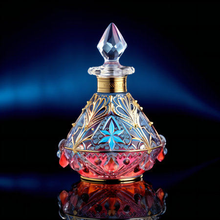 Perfume bottle with blue and red crystals on a black backgroundの素材
