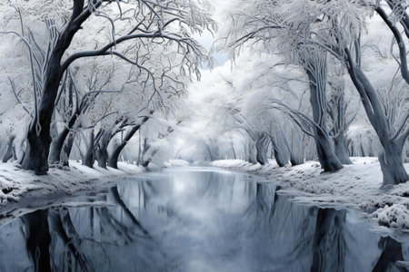 Winter forest with a river and trees covered with hoarfrost.の素材