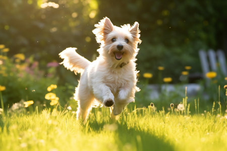Cute little dog running in the garden on a sunny summer dayの素材