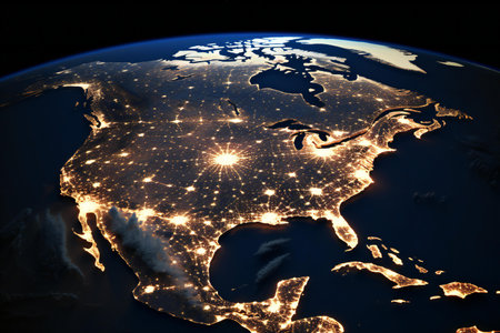North America on planet Earth at night with visible city lights.の素材