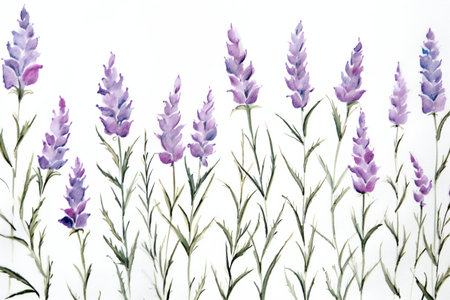 Watercolor lavender flowers on white background. Hand drawn illustration.の素材