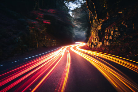 Light trails on the road at night in the forest. Long exposure.の素材