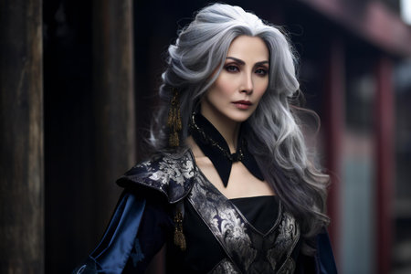 Fashion portrait of a beautiful young woman with long gray hair in the cityの素材