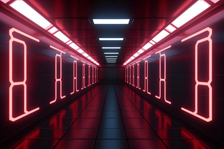 Futuristic corridor with glowing neon lights.の素材