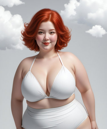 Beautiful overweight woman with red hair in a white swimsuit on a gray backgroundの素材