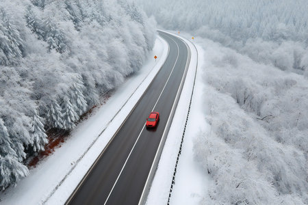 Highway in winter forest. View from above. Winter landscape.の素材