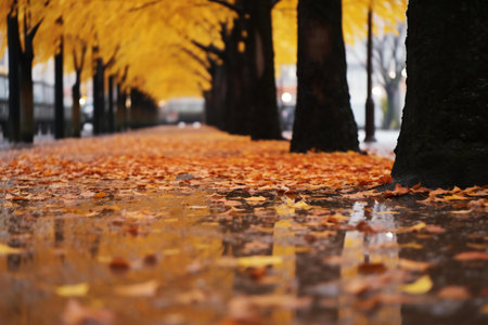 Autumn leaves in the city park on a rainy day. Beautiful background.の素材