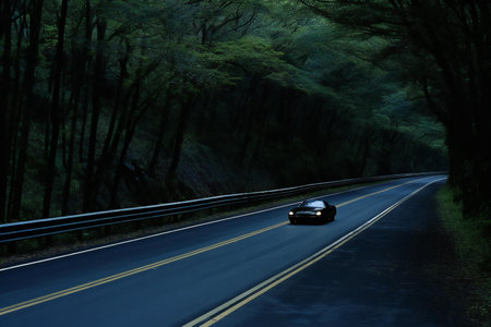 Car driving on the road in the forest with motion blur effect.の素材