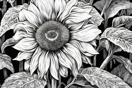Black and white background with sunflower. Hand-drawn illustration.の素材